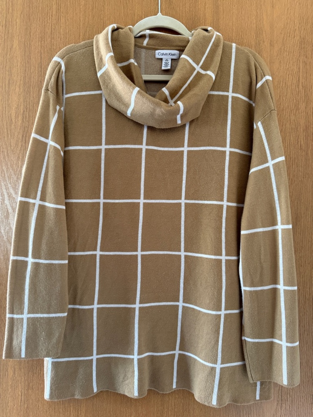 Calvin Klein Camel Cowl‑Neck Sweater with White Grid Pattern – Size Large